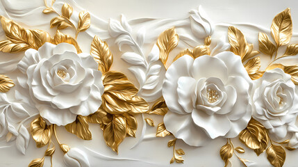 The classic sophistication of white and gold rose stucco reliefs, adorned with detailed petals and lush foliage, emanates an everlasting sense of elegance and beauty. Eternal Dawn. Illustration