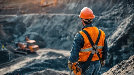 A man in an orange safety vest stands on a hill overlooking a construction site