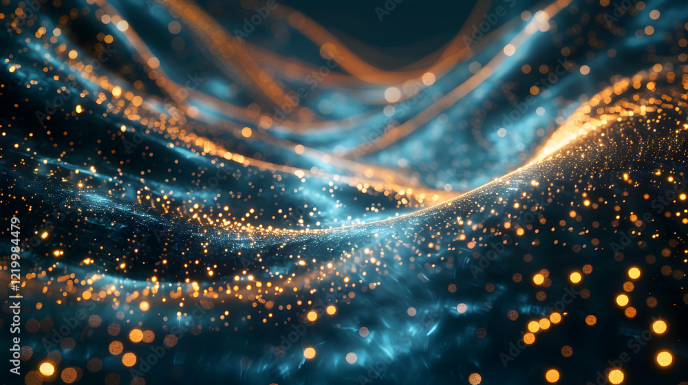 Poster abstract waves of light and energy with glowing particles in motion.