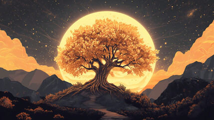 Tree of life symbolising eternal life connection to god christian symbols and icons digital illustration. Eternal Dawn. Illustration