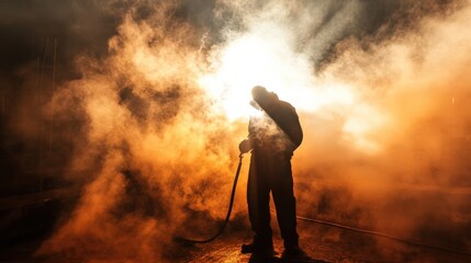Obraz premium A man is standing in a field of smoke, holding a hose