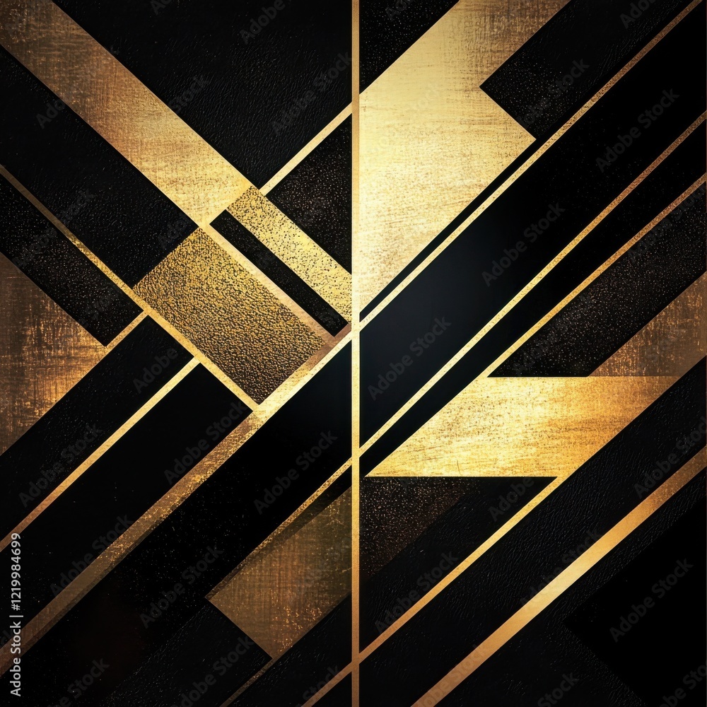 Poster striking golden geometric abstract pattern with interlocking lines and shapes on midnight black back