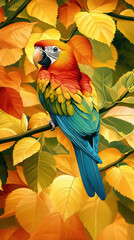 Obraz premium Vivid Parrot in Autumn Leaves: Colorful Bird Illustration for Nature and Wildlife Lovers