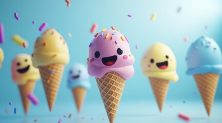 Happy cartoon ice cream cones with sprinkles on pastel blue background.
