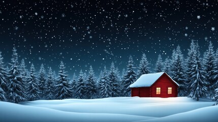 Fototapeta premium Cartoon Cozy Winter Cabin in Snowy Forest with High Contrast Style