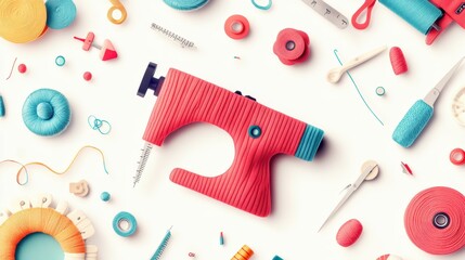 Colorful Sewing Machine and Assorted Craft Supplies