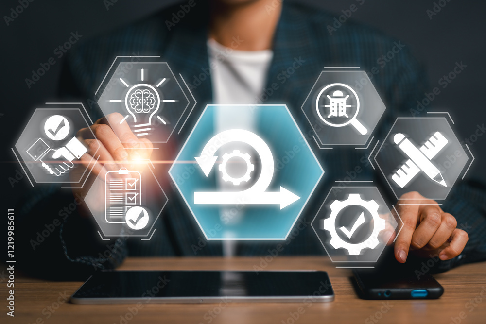 Poster businessman engaging with digital interface representing agile development, showcasing innovation an