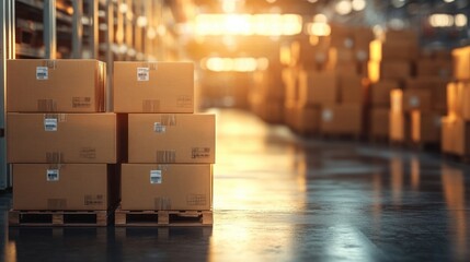Cardboard Box Stacks in Warehouse with Warm Lighting for Logistics and Distribution
