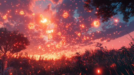 Naklejka premium Magical Sunset Landscape With Glowing Particles