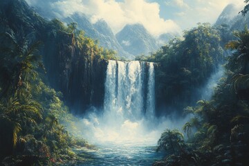 Enchanting Waterfall Cascading into Lush Jungle Paradise with Magnificent Greenery and Serene Atmosphere