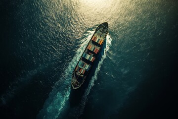 Aerial view of a container ship sailing on the ocean at sunset.
