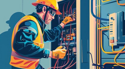 Obraz premium A male electrician in safety gear works on a switchboard, connecting cables and checking the system, surrounded by wires and tools in a clean, professional setting.