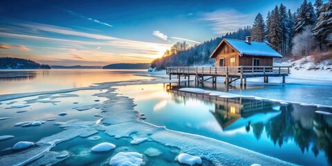 Fototapeta premium Frozen Lake Winter Wonderland: Stunning Architectural Photography of Icy Landscape