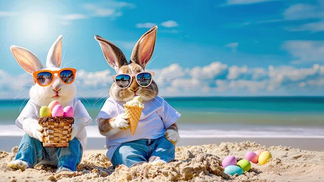 Two Easter bunnies on a sandy beach, wearing sunglasses and casual outfits. Holding Easter eggs and ice cream. Funny loop Easter video footage.