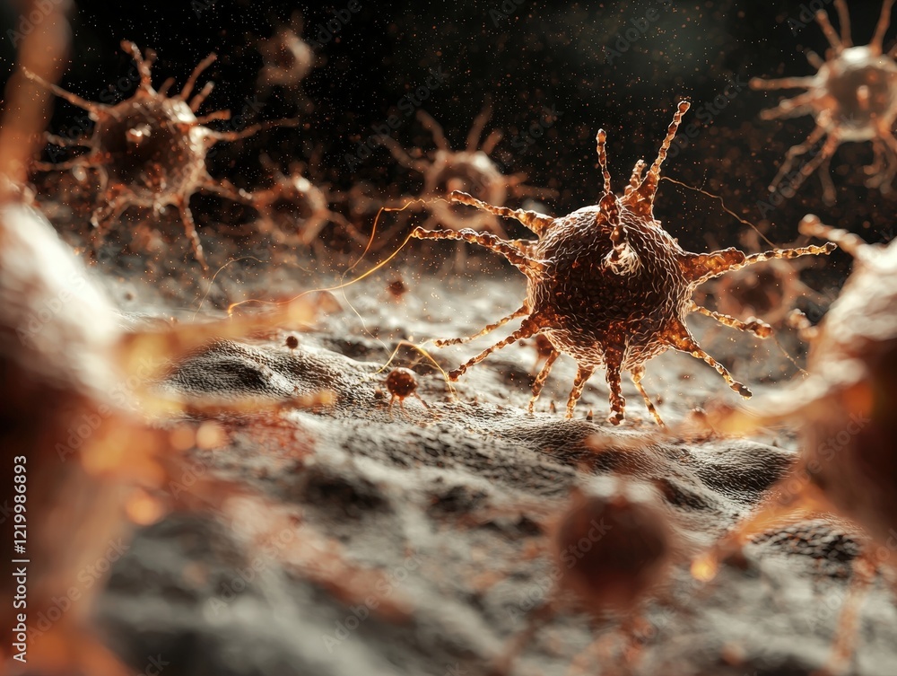 Poster microscopic visualization of virus particles in dynamic surroundings with intricate textures and liv