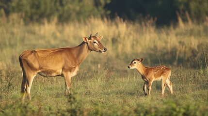 Naklejka premium A mother cow and her calf are standing in a grassy field