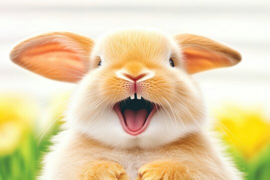 Close up of a rabbit with its mouth open showcasing its teeth and whiskers in natural habitat