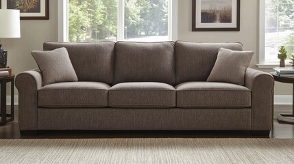 A beautifully organized, clean sofa in a cozy living room with natural elements and soft textures.
