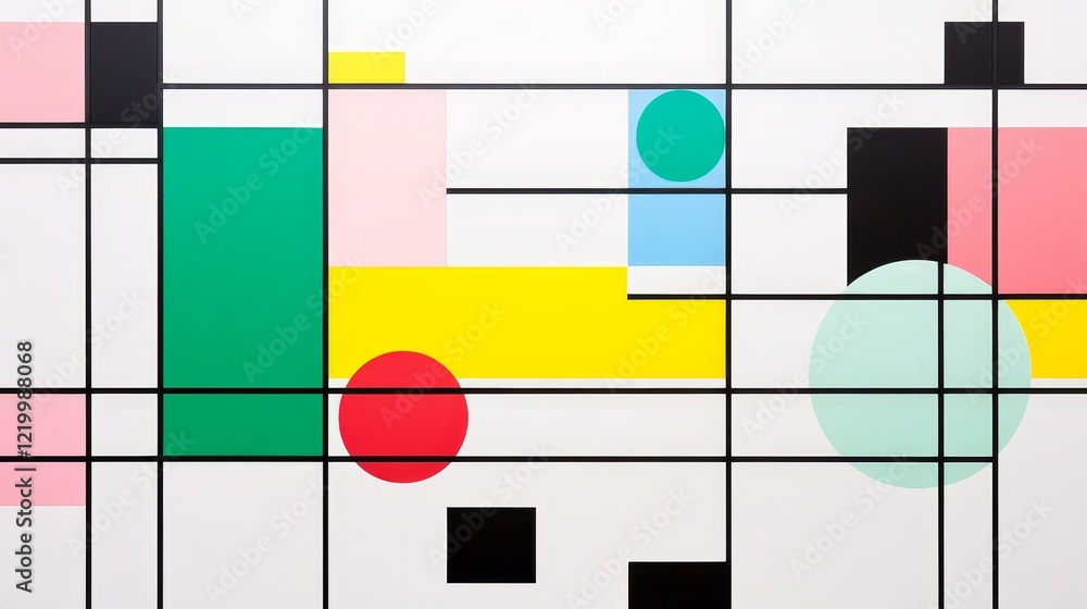 Poster abstract geometric composition with colorful shapes and grid