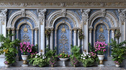 Ornate blue wall with potted plants, design element, background. Use decoration, art