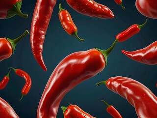 Dynamic Flying Red Chili Peppers with Glossy Finish, Isolated on Transparent or White Background