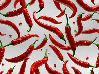Dynamic Flying Red Chili Peppers with Glossy Finish, Isolated on Transparent or White Background