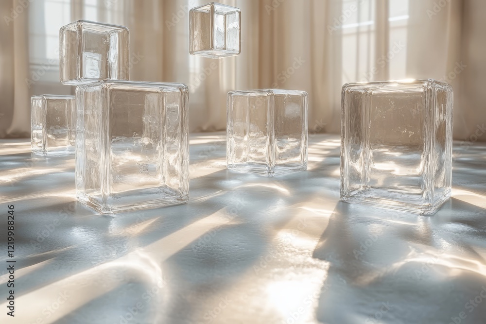 Poster Ethereal Ascension: A Mesmerizing Array of Floating Glass Objects Captured in Abstract Harmony with Light and Shadow