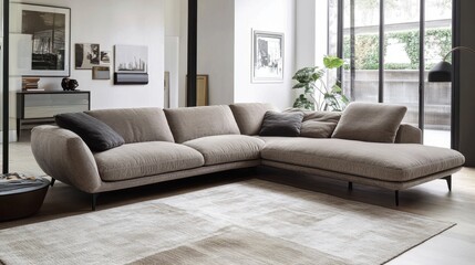 A contemporary living room with a spotless sofa, light rug, and simple, clean decor.