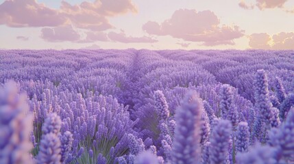 Obraz premium Lush Lavender Field Under Soft Pink Clouds at Golden Hour in Serene Rural Landscape