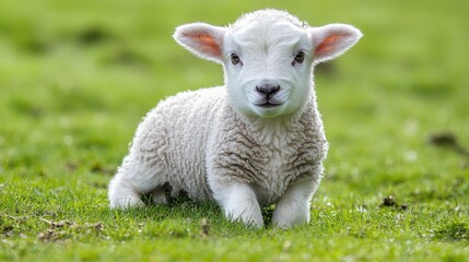 Obraz premium Lamb sits pasture spring green field farm