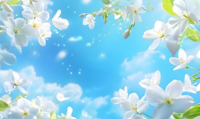 Obraz premium Jasmine flowers on blue sky background for design purpose, generation AI 