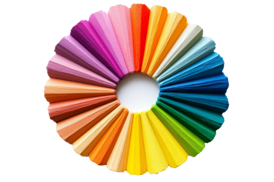 A circular arrangement of rainbow-colored fan-shaped materials, showcasing a striking and vibrant composition that emphasizes symmetry, vividness, and artistic creativity. Perfect for modern design - Powered by Adobe