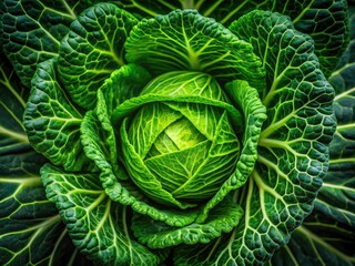 Obraz premium Low Light Cabbage Closeup Photography - Green Vegetable Macro Shot, Dark Moody Food Image, Center Core Focus, Leafy Texture