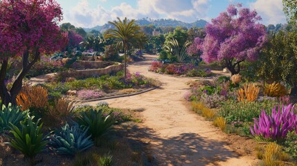 Fototapeta premium Vibrant Scenic Pathway Through Blooming Garden Filled with Colorful Flora and Lush Plants Under a Bright Blue Sky