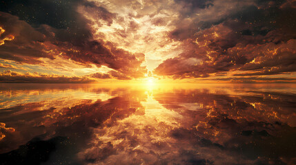 a mirrored space reflecting a perpetual sunrise with warm go. Eternal Dawn. Illustration