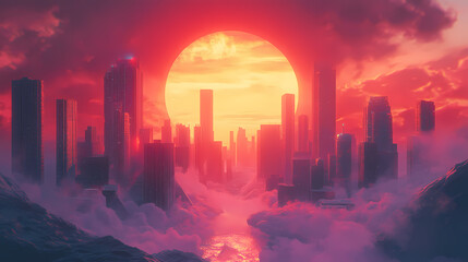 A city surrounded by eternal light where Eternal Dawn. Illustration
