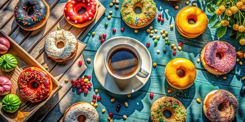 Aerial Coffee Donut Delight: Drone Photography of Coffee and Donuts
