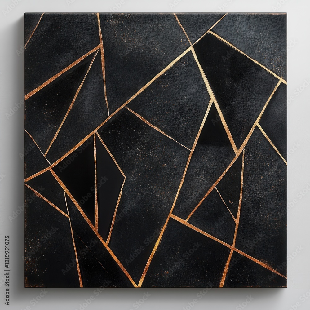 Poster the abstract geometric copper and black marble tile wall pattern with sharp angular lines and triang