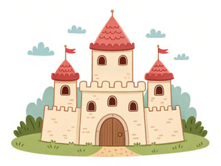 Fototapeta premium castle on the hill. castle, cartoon, vector, tower, building, illustration, house, medieval, fairy, architecture, fantasy, princess, fairytale, fortress, palace, tale, town, flag, art, kingdom, home, 