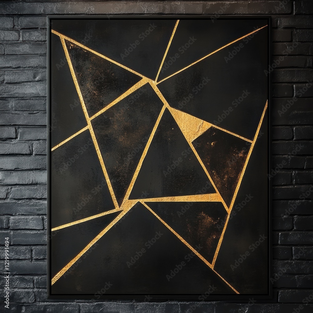 Aufkleber striking dark geometric abstract mural with golden triangular patterns