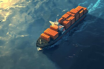 Container ship sailing on the ocean at sunset.