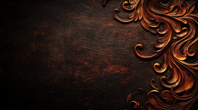 Fototapeta Ornate Bronze Floral Design on Dark Textured Background