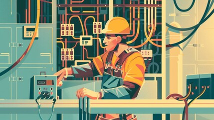 A male electrician in safety gear works on a switchboard, connecting cables and checking the system, surrounded by wires and tools in a clean, professional setting.