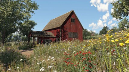 Charming Red Barn Surrounded by Lush Wildflowers and Green Foliage under a Bright Blue Sky