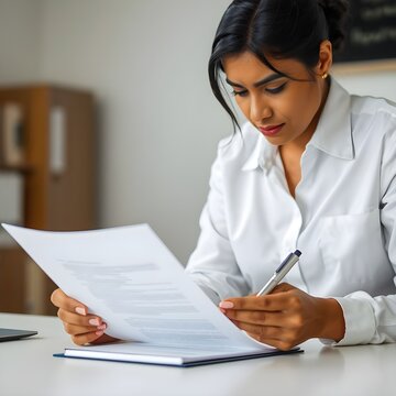 La mujer est&aacute; revisando el documento.