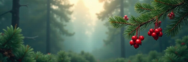 misty pine forest with crimson berries hanging, pine, berries, festive