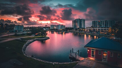 Fototapeta premium Stunning Sunset Over Urban Lake with Reflections of Colorful Sky and Buildings in Background