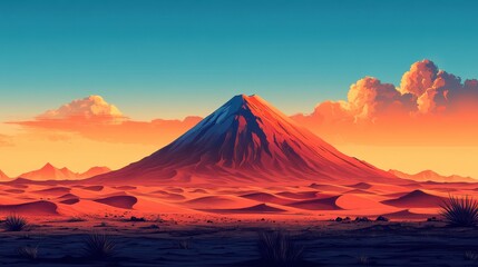 Sunset Serenity: Cartoon Desert Landscape with Dramatic Sand Dunes and Shadows