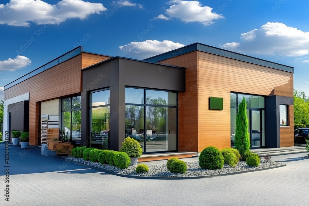 Poster modern house with large windows and contemporary architecture in a suburban setting