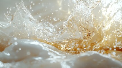 Obraz premium Golden liquid splashing, creamy background, studio shot, beverage advertising